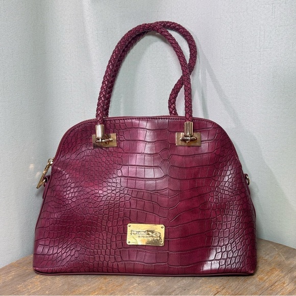 bebe Handbags - Bebe Burgundy Croc-Embossed Satchel Bag